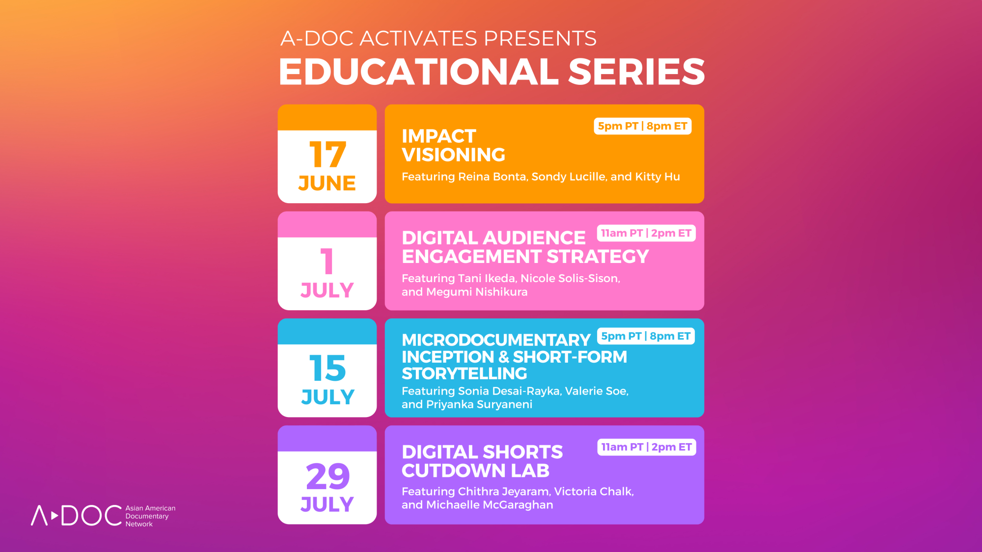 Flyer listing out A-Doc Activates Education Series